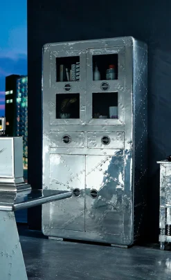 SIT Vitrine »Wohnzimmerschrank AIRMAN Mangoholz + MDF mit Alu‑Beschlägen« Futuristisches Industrial‑Design mit verspiegelter Alu‑Optik