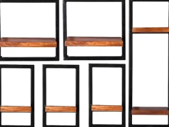 SIT Wandregal »Angkor Wandregal-Set 6-teilig aus Mangoholz mit Altmetall« 3 schmale, 2 breite & 1 hohes Regal für flexible Wandgestaltung