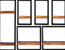 SIT Wandregal »Angkor Wandregal-Set 6-teilig aus Mangoholz mit Altmetall« 3 schmale, 2 breite & 1 hohes Regal für flexible Wandgestaltung