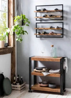 SIT Weinregal »Wandregal PANAMA – Industrial Regal aus Mango‑Holz & Altmetall« Weinregal für 8 Flaschen
