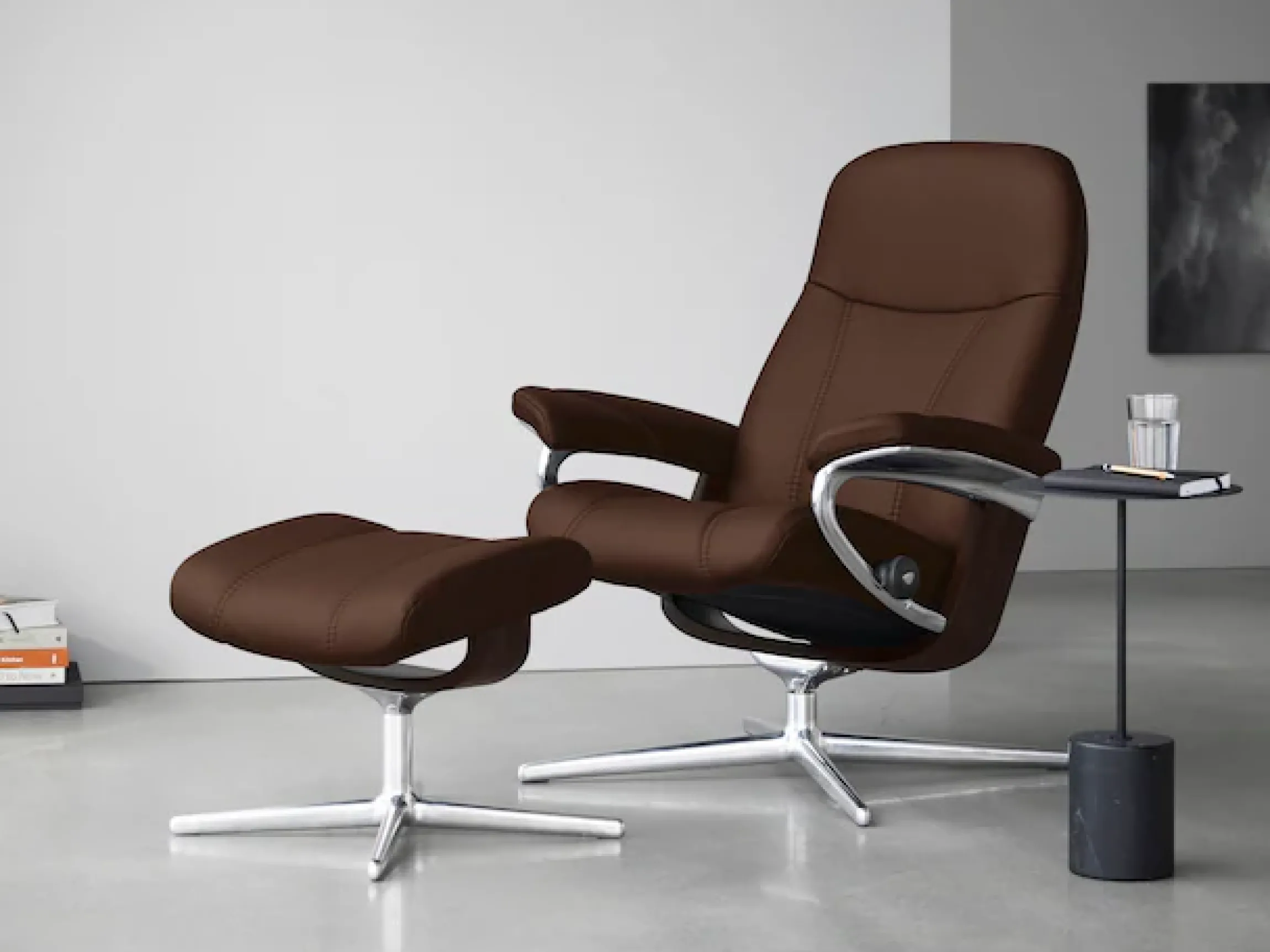 Stressless® Relaxsessel »Consul« Set, Relaxsessel mit Hocker,mit Hocker, mit Cross Base, Größe S, M & L, Holzakzent Braun
