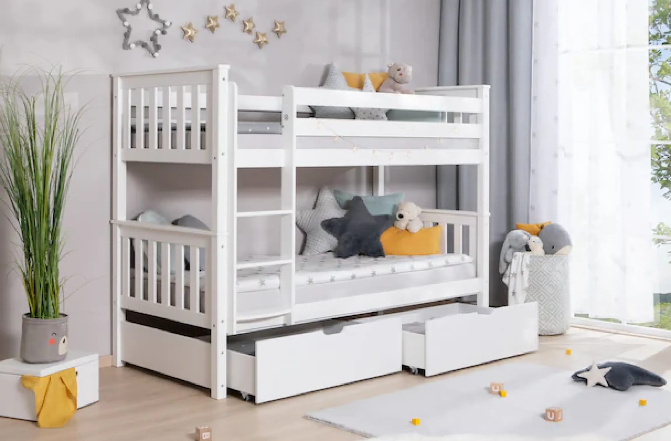 Ticaa Etagenbett »Sammy« mit Rollrost und Schubkästen »Melanie«, Kiefer
