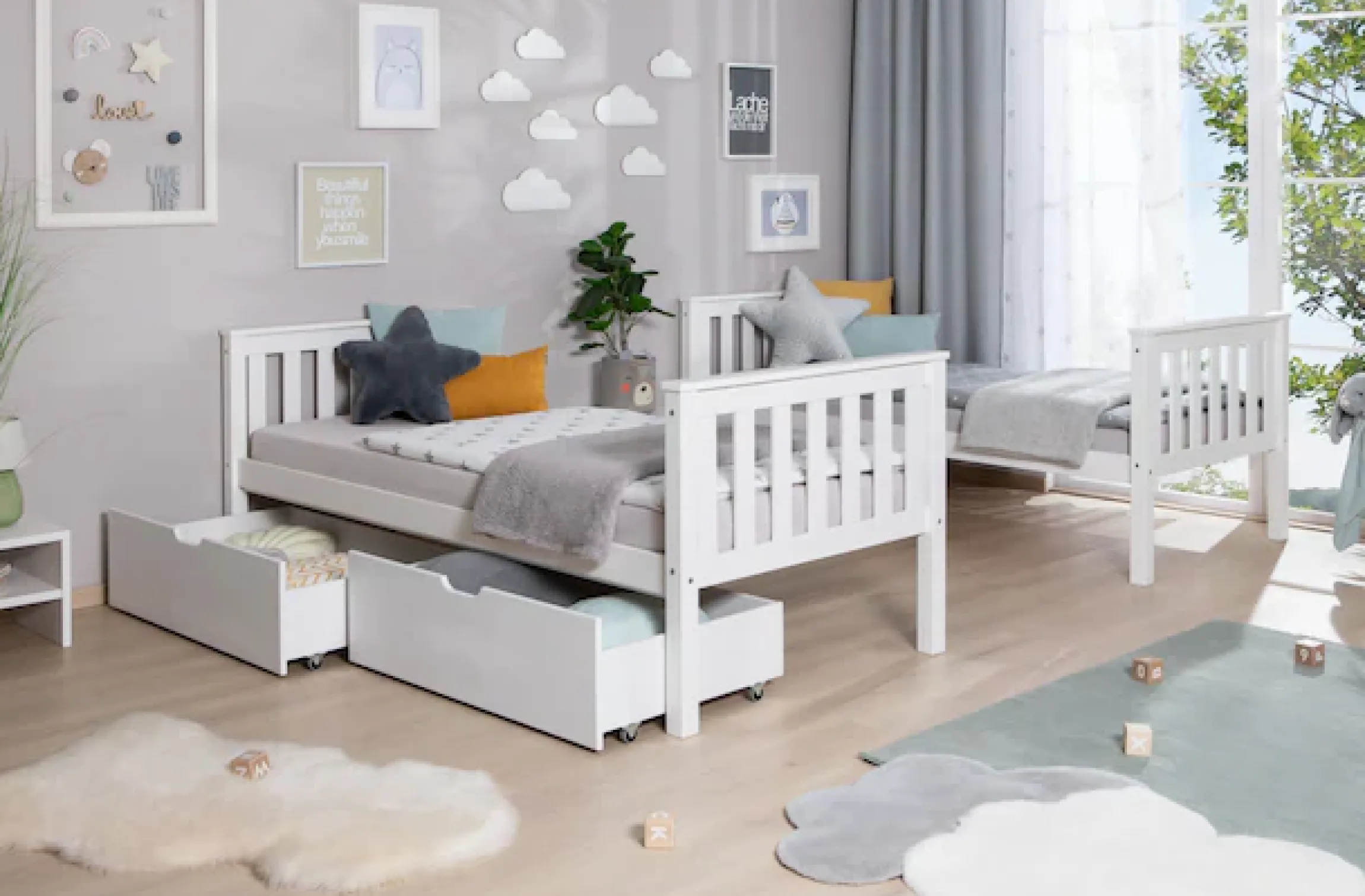 Ticaa Etagenbett »Sammy« mit Rollrost und Schubkästen »Melanie«, Kiefer