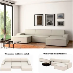 TRENDMANUFAKTUR Wohnlandschaft »Graz, wahlweise mit Sitzvorschub und Bettkasten, U-Form, Breite 329 cm« in Cord-, haustierfreundlichem LEO Struktur- oder LUMOS-3D-Bezug