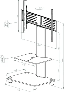 VCM Wohnzimmertisch »TV Standfuß Ständer Rack Alu Glas Rollen Blino ZW« 1 Stk. tlg.