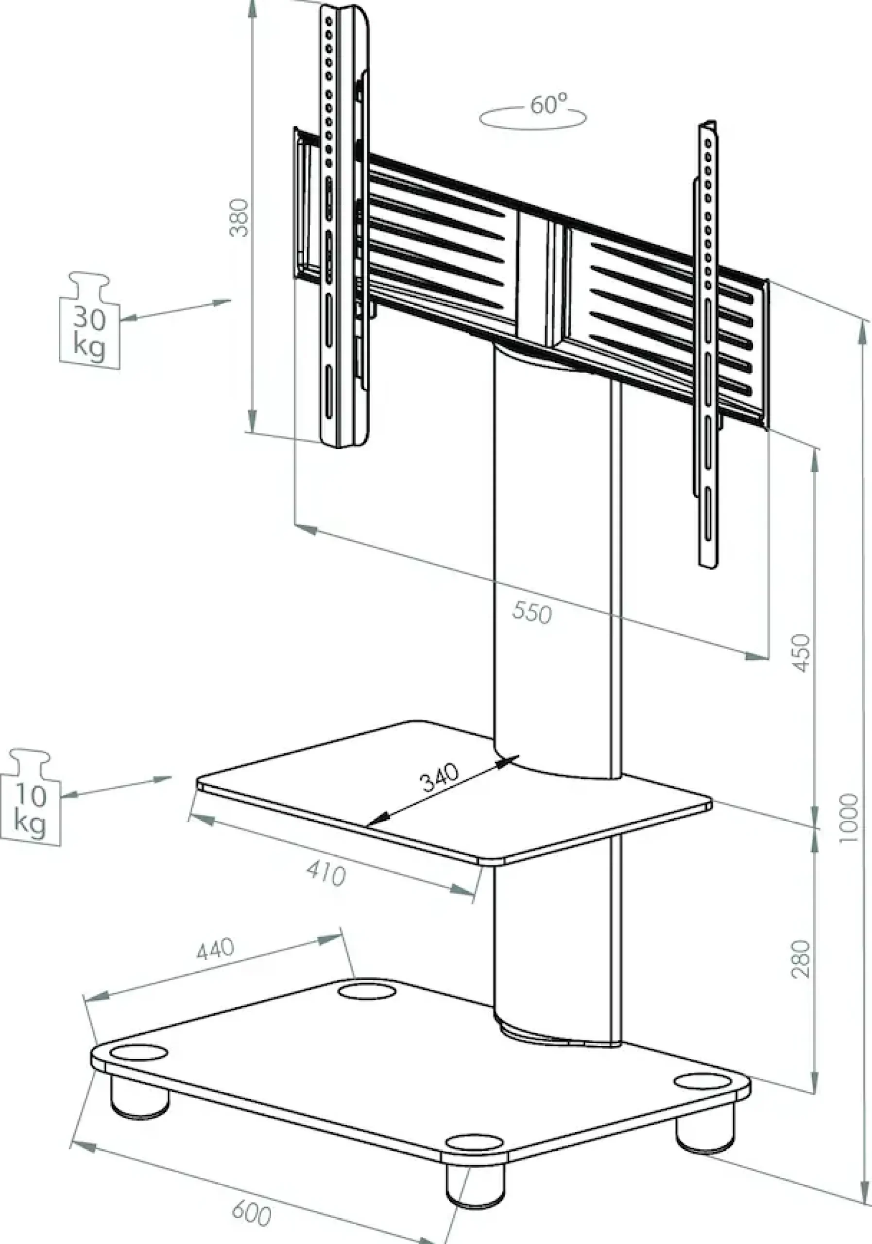 VCM Wohnzimmertisch »TV Standfuß Ständer Rack Alu Glas Rollen Blino ZW« 1 Stk. tlg.