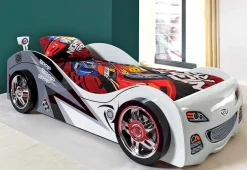 Vipack Autobett »Liegefläche 90/200, Räder mit Felgen-Optik, schickes Design« B/H/T ca. 240x65x110cm, hochglanz weiß/grau lackiert, mit Lattenrost,feststehende Räder, hochwertiges MDF Trägermaterial, coole Optik