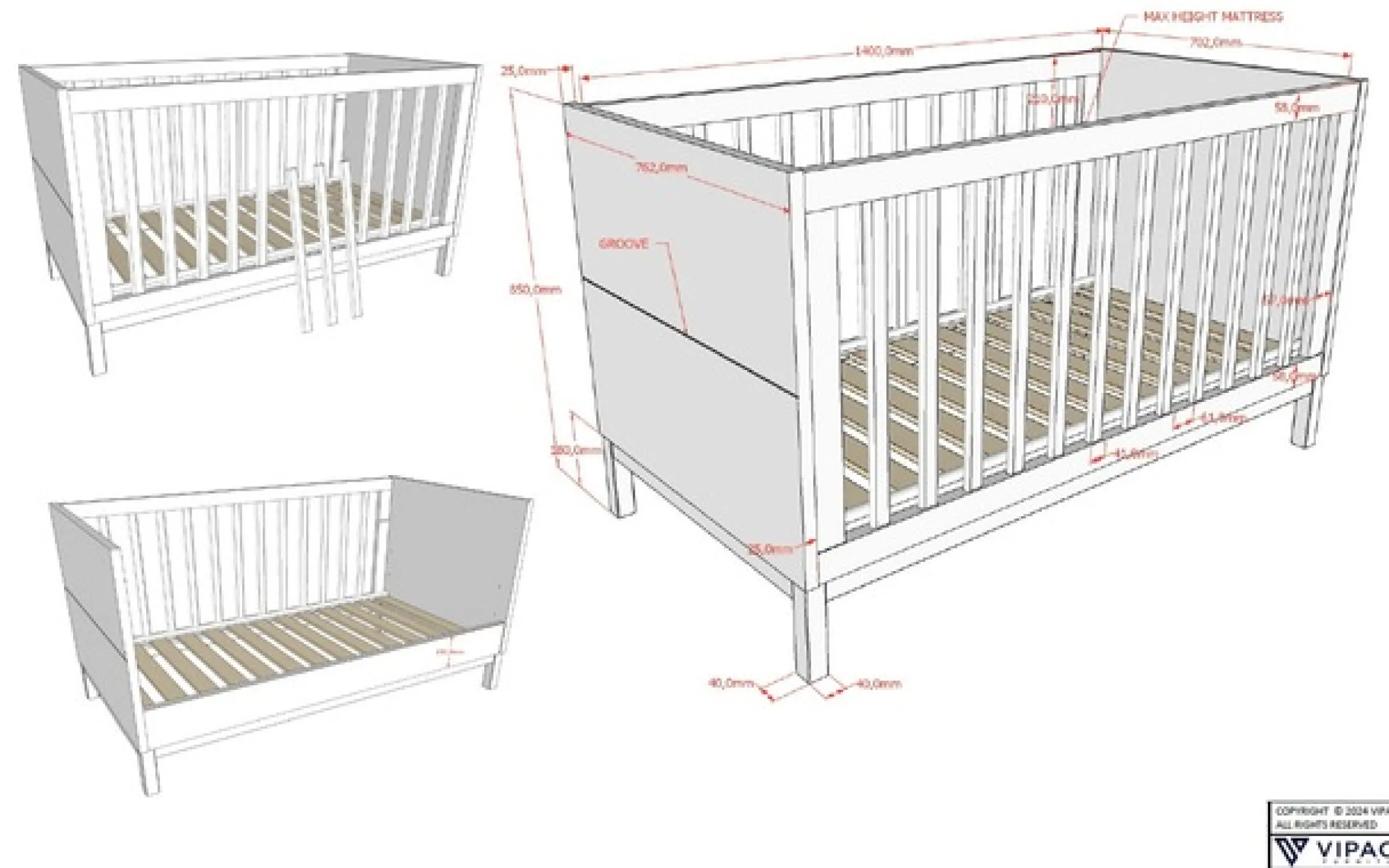 Vipack Babymöbel-Set »Set best. aus Babybett 70/140, Kommode 3 Schubladen, Wickelaufsatz« 3 Stk. tlg. in gradlinigem Design, pflegeleichte lackierte Oberfläche in Weiß