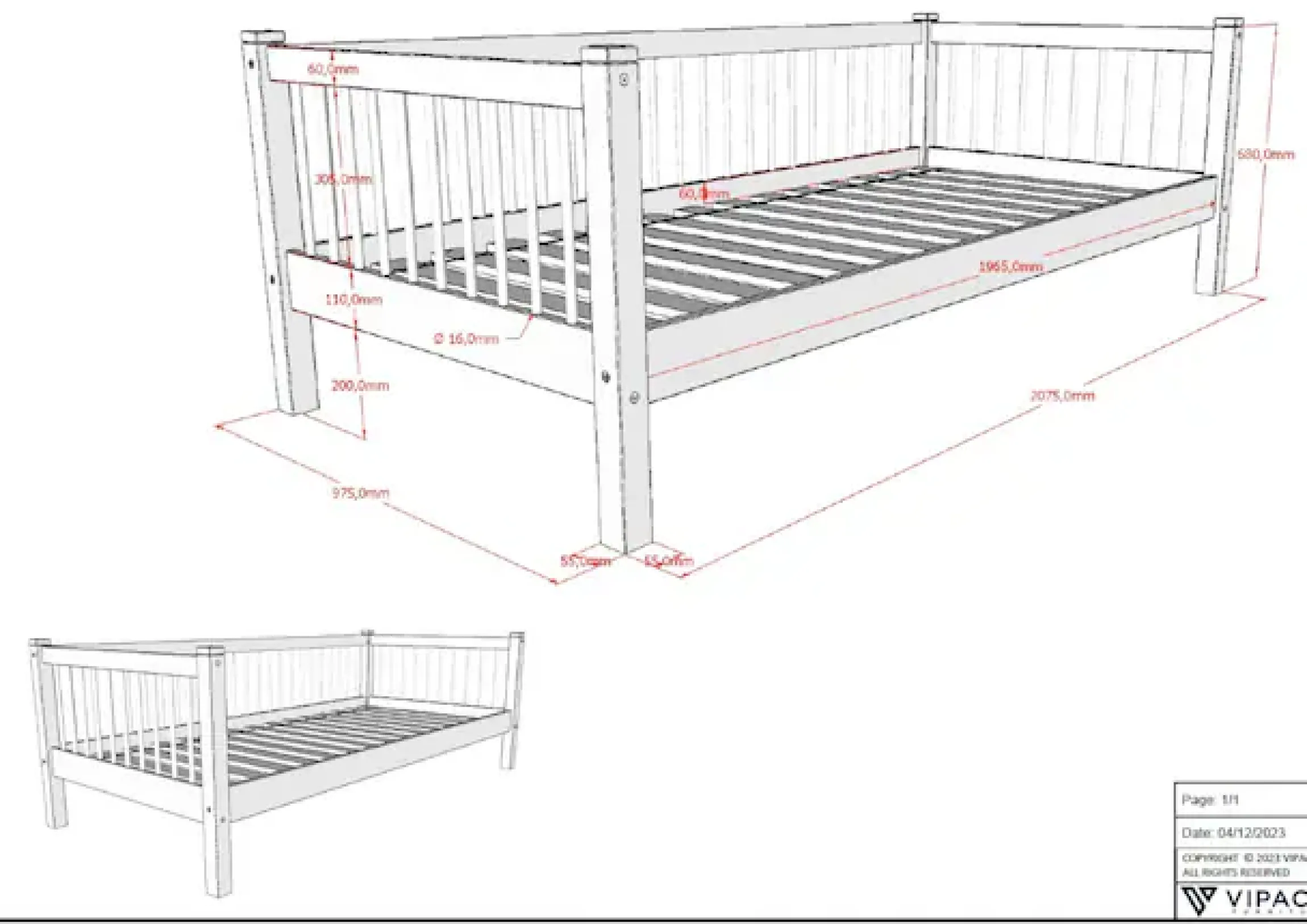 Vipack Daybett »Forrest 90/200 aus massiver Eiche, Oberfläche geölt, stabil gebaut« B/H/T ca. 207,5x68x97,5cm, inkl. Massivholz Rolllattenrost,mit Sprossenumrandung, Rausfallschutz vorne, ohne o. mit Bettschublade