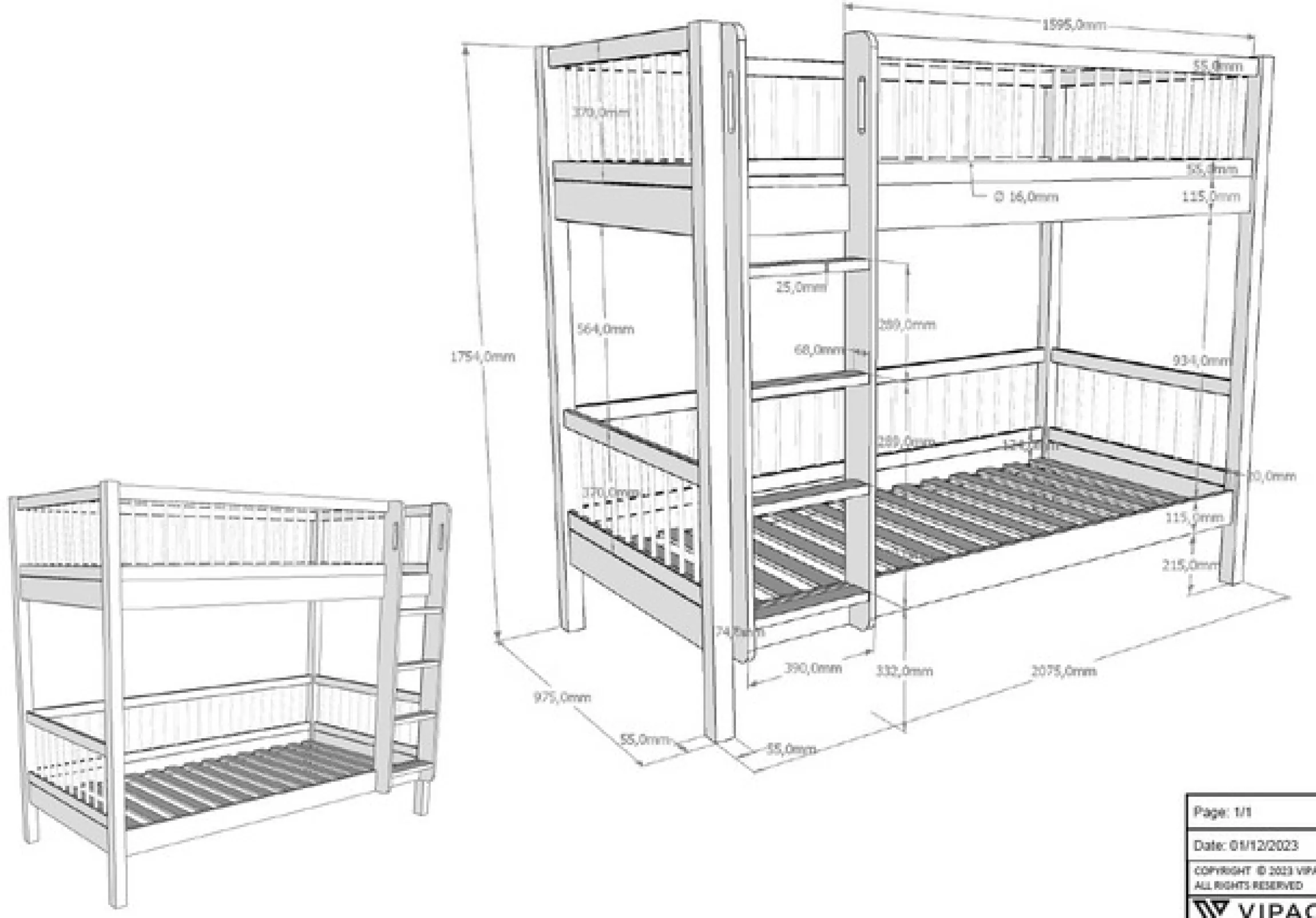 Vipack Etagenbett »Eiche massiv, Made in Europe, langlebige Qualität« B/H/T ca. 208x176x98cm, Schublade+unterer Rausfallschutz optional,2 Lattenroste, wahlweise mit oder ohne Bettschublade und Absturzschutz
