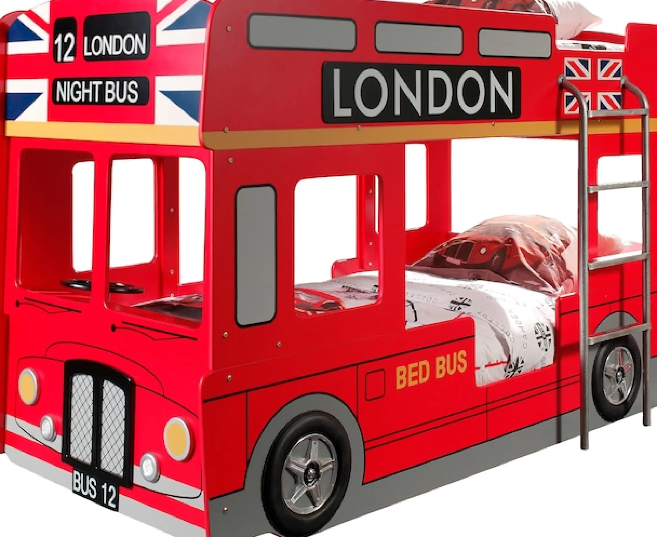 Vipack Etagenbett »London, in Londoner Stadtbuss-Optik, das Highlight im Kinderzimmer« B/H/T ca. 215x132x100cm, MDF rot lackiert mit Applikationen,inkl. Bodenplatten für die Matratzenauflagen und seitlicher Leiter