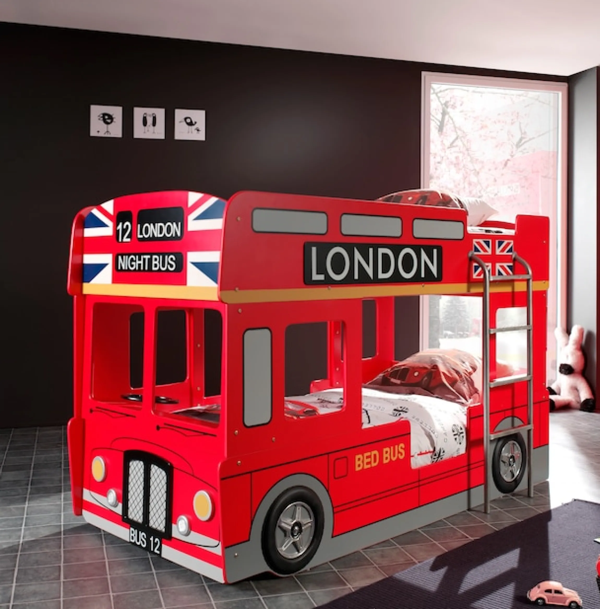 Vipack Etagenbett »London, in Londoner Stadtbuss-Optik, das Highlight im Kinderzimmer« B/H/T ca. 215x132x100cm, MDF rot lackiert mit Applikationen,inkl. Bodenplatten für die Matratzenauflagen und seitlicher Leiter