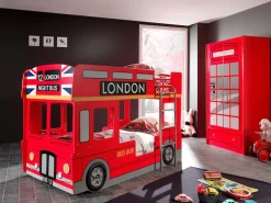 Vipack Etagenbett »London, in Londoner Stadtbuss-Optik, das Highlight im Kinderzimmer« B/H/T ca. 215x132x100cm, MDF rot lackiert mit Applikationen,inkl. Bodenplatten für die Matratzenauflagen und seitlicher Leiter