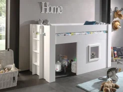 Vipack Hochbett »Noah, ein tolles Budenbett mit hoher Standfestigkeit, weiß lackiert« B/H/Tca.214x120x96cm, Leiter rechts/links möglich, Absturzschutz oben,inkl. Rolllattenrost, wahlweise mit und ohne Textilvorhang