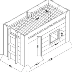 Vipack Hochbett »Noah, ein tolles Budenbett mit hoher Standfestigkeit, weiß lackiert« B/H/Tca.214x120x96cm, Leiter rechts/links möglich, Absturzschutz oben,inkl. Rolllattenrost, wahlweise mit und ohne Textilvorhang