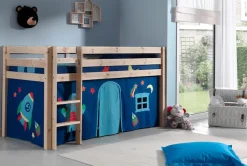 Vipack Hochbett »Pino, Spielbett massiv Kiefer, stabil gebaut, 3 Korpusfarben zur Wahl« inkl. Rolllattenrost, Leiter und Absturzschutz, mit oder ohne Rutsche,Textil-Set "Astronaut", inkl. Vorhang, mit oder ohne Tunnel