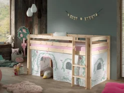 Vipack Hochbett »Pino, Spielbett massiv Kiefer, stabil gebaut, 3 Korpusfarben zur Wahl« inkl. Rolllattenrost, Leiter und Absturzschutz, mit oder ohne Rutsche,Textil-Set "Astronaut", inkl. Vorhang, mit oder ohne Tunnel