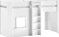 Vipack Hochbett »Reno, ein tolles Hüttenbett mit hoher Standfestigkeit, weiß lackiert« B/H/T ca. 206x120,1x105cm, Leiter mittig, Fenster und Absturzschutz,inkl. Rolllattenrost, Rückseite offen und Spielfläche unter dem Bett