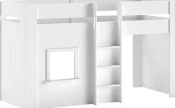 Vipack Hochbett »Reno, ein tolles Hüttenbett mit hoher Standfestigkeit, weiß lackiert« B/H/T ca. 206x120,1x105cm, Leiter mittig, Fenster und Absturzschutz,inkl. Rolllattenrost, Rückseite offen und Spielfläche unter dem Bett