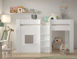 Vipack Hochbett »Reno, ein tolles Hüttenbett mit hoher Standfestigkeit, weiß lackiert« B/H/T ca. 206x120,1x105cm, Leiter mittig, Fenster und Absturzschutz,inkl. Rolllattenrost, Rückseite offen und Spielfläche unter dem Bett