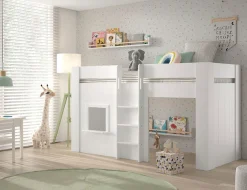 Vipack Hochbett »Reno, ein tolles Hüttenbett mit hoher Standfestigkeit, weiß lackiert« B/H/T ca. 206x120,1x105cm, Leiter mittig, Fenster und Absturzschutz,inkl. Rolllattenrost, Rückseite offen und Spielfläche unter dem Bett