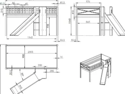 Vipack Hochbett »Scott« Made in Europe,m. Rutsch-/Leiterturm, LF 90x200 cm, Vorhang, Tasche, 4 Designs