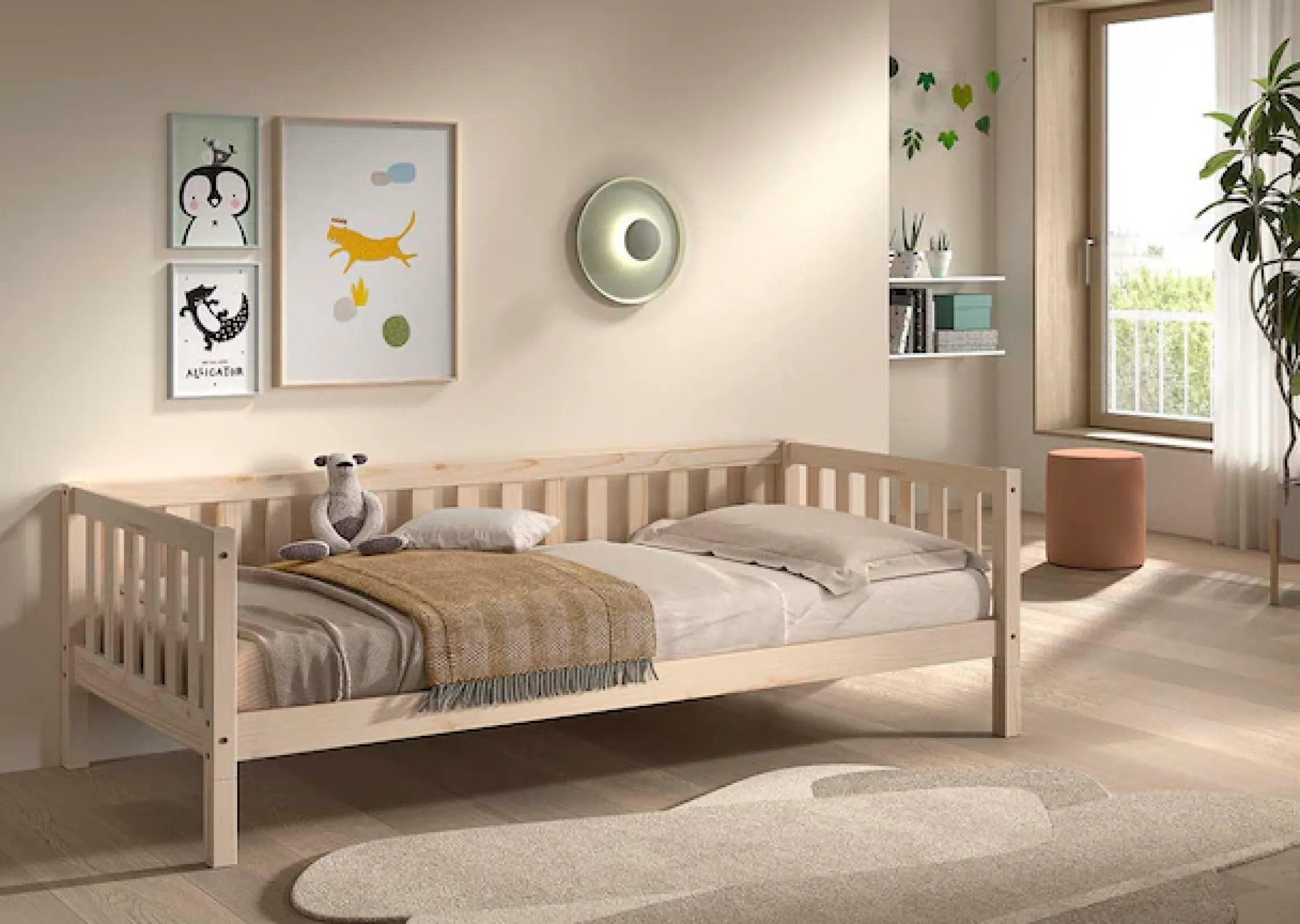 Vipack Kinderbett »Dallas, Massivholzbett, umbaubar vom Boden- zum Daybett« inkl. Rolllattenrost und Sprossenumrandung, 90 oder 140x200 cm breit,stabil und standfest gebaut, wahlweise Kiefer massiv natur oder weiß