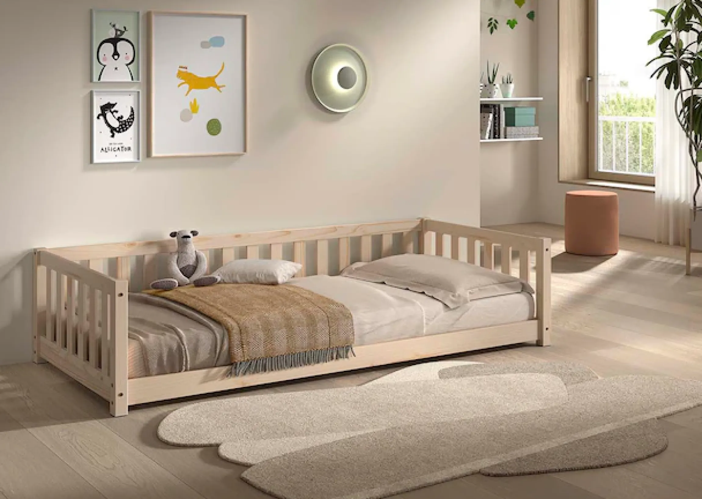 Vipack Kinderbett »Dallas, Massivholzbett, umbaubar vom Boden- zum Daybett« inkl. Rolllattenrost und Sprossenumrandung, 90 oder 140x200 cm breit,stabil und standfest gebaut, wahlweise Kiefer massiv natur oder weiß