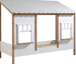 Vipack Kinderbett »Hausbett, aus MDF und Massivholz weiß lackiert mit farblichen Absatz« B/H/T ca. 214,5x174x107,5cm, vorne 2 Fenster, mit Liebe zum Detail,inkl. Rolllattenrost, wahlweise mit oder ohne Bettschublade auf Rollen