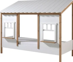 Vipack Kinderbett »Hausbett, aus MDF und Massivholz weiß lackiert mit farblichen Absatz« B/H/T ca. 214,5x174x107,5cm, vorne 2 Fenster, mit Liebe zum Detail,inkl. Rolllattenrost, wahlweise mit oder ohne Bettschublade auf Rollen