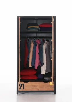 Vipack Kleiderschrank »Alex, Fronten massiv Kiefer in Hobel-Optik, Dekor Ziffern« H/T ca. x200x55cm, Rahmen schwarz, wahlweise 2 Breiten,inkl. Schublade/n, innen mit Kleiderstange