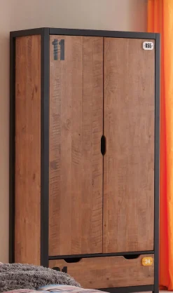 Vipack Kleiderschrank »Alex, Fronten massiv Kiefer in Hobel-Optik, Dekor Ziffern« H/T ca. x200x55cm, Rahmen schwarz, wahlweise 2 Breiten,inkl. Schublade/n, innen mit Kleiderstange