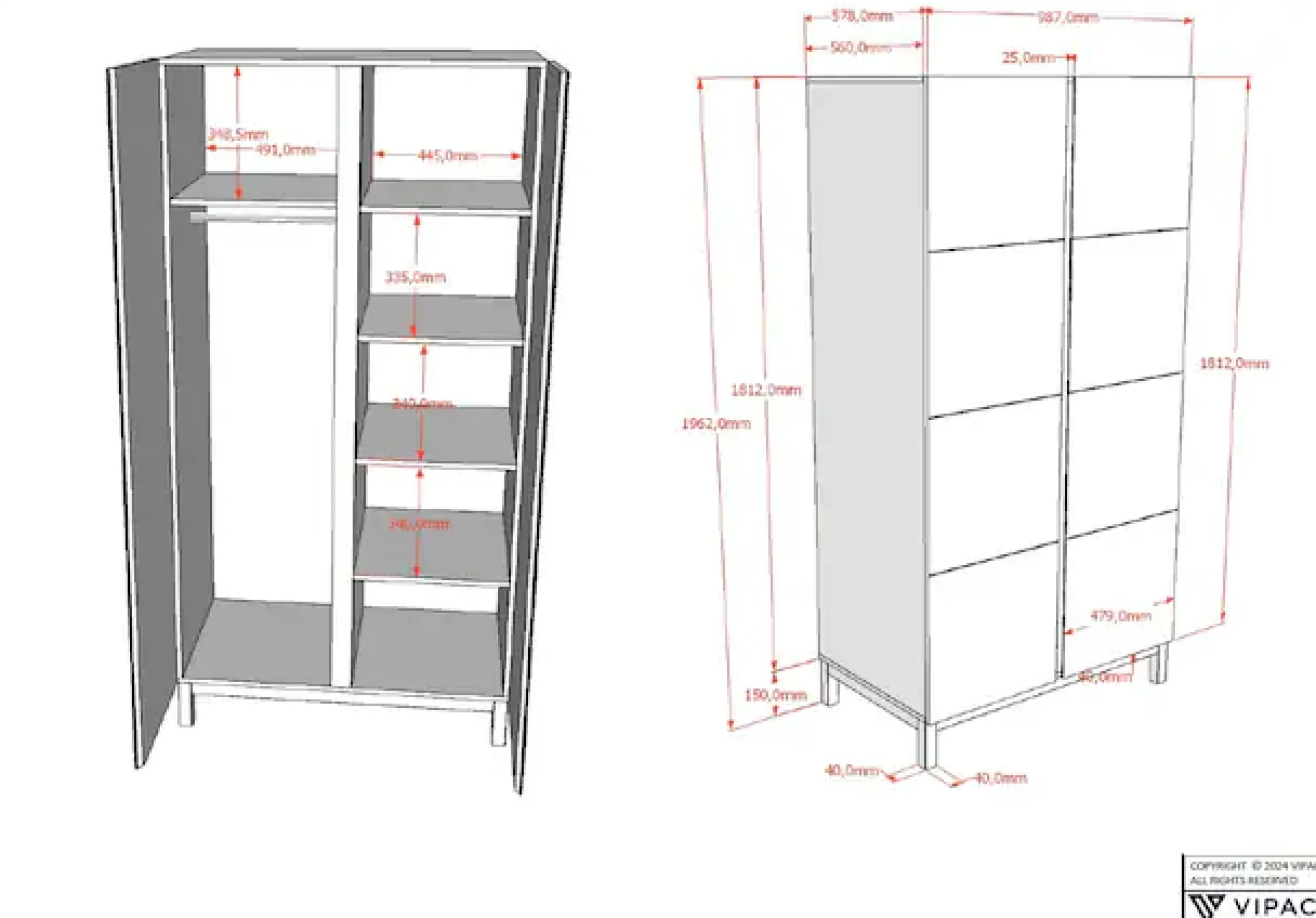 Vipack Kleiderschrank »in modernem Design, Türen mit Profilfräsung, pflegeleichter Oberfläche« mit 2 Drehtüren inkl. Soft-Close, Wäschefächer, Ausf. weiß lackiert