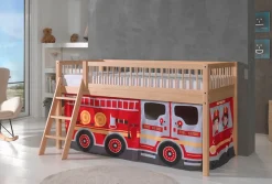 Vipack Spielbett »Forrest, Absturzschutz mit Sprossen-Optik, Pfostenstärken ca. 50x50mm« Buche natur lackiert, stabil und hochwertig gebaut, inkl. Lattenrost,90/200 cm, inkl. Vorhang-Set 3-tlg., Spielbereich unter dem Bett