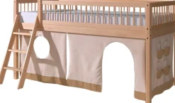 Vipack Spielbett »Forrest mit hochwertiger und stabiler Verarbeitung, Made in Europe« halbhohes Bett inkl. Lattenrost, 90/200 cm, Rausfallschutz und Leiter,Ausf. Buche massiv natur, inkl. Textilvorhang 3-tlg.