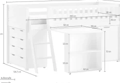 Vipack Spielbett Made in Europe,mit viel Funktion auf kleinem Raum, LF 90x200 cm, Kiefer weiß lackiert