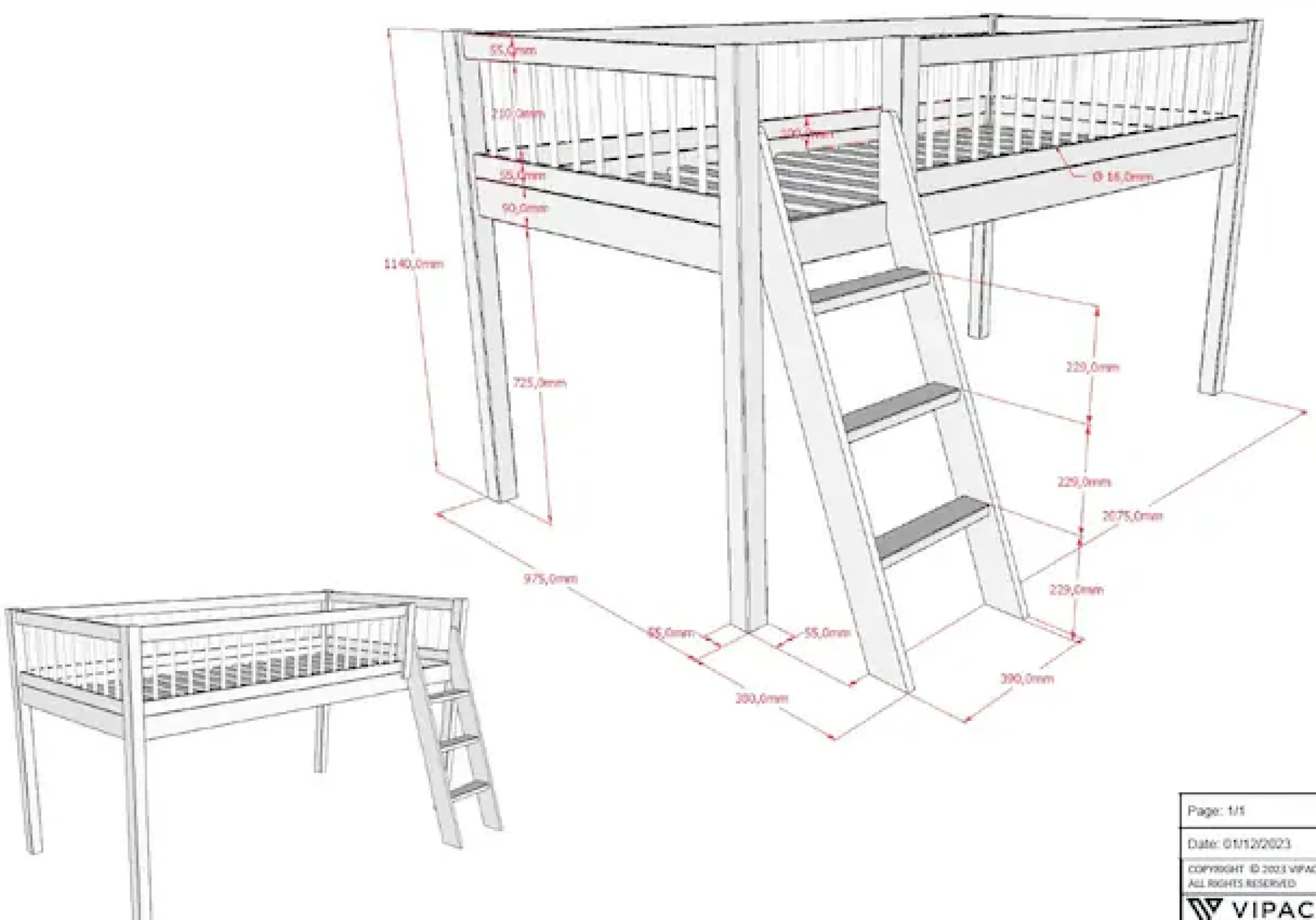 Vipack Spielbett Made in Europe,aus massiver Eiche geölt, LF 90x2000cm, RR, Leiter u. Absturzschutz