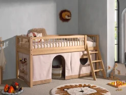 Vipack Spielbett Made in Europe,aus Eiche geölt, LF 90x2000cm, RR, Leiter, Vorhang u. Absturzschutz