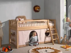 Vipack Spielbett Made in Europe,aus Eiche geölt, LF 90x2000cm, RR, Leiter, Vorhang u. Absturzschutz