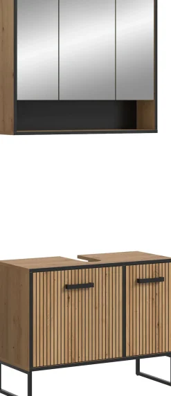 welltime Badezimmer-Set »LOCRI, 2-tlg. Badkombination, Breite 80 cm, Rillenoptik, Metallkufen« bestehend aus: Waschbeckeunterschrank & Spiegelschrank, 2 Stk. tlg.
