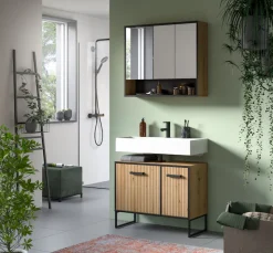 welltime Badezimmer-Set »LOCRI, 2-tlg. Badkombination, Breite 80 cm, Rillenoptik, Metallkufen« bestehend aus: Waschbeckeunterschrank & Spiegelschrank, 2 Stk. tlg.