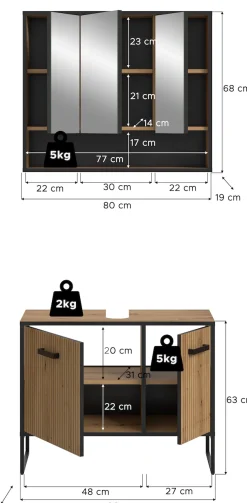 welltime Badezimmer-Set »LOCRI, 2-tlg. Badkombination, Breite 80 cm, Rillenoptik, Metallkufen« bestehend aus: Waschbeckeunterschrank & Spiegelschrank, 2 Stk. tlg.