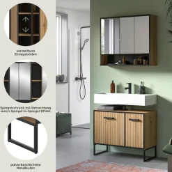 welltime Badezimmer-Set »LOCRI, 2-tlg. Badkombination, Breite 80 cm, Rillenoptik, Metallkufen« bestehend aus: Waschbeckeunterschrank & Spiegelschrank, 2 Stk. tlg.