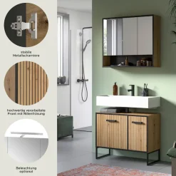 welltime Badezimmer-Set »LOCRI, 2-tlg. Badkombination, Breite 80 cm, Rillenoptik, Metallkufen« bestehend aus: Waschbeckeunterschrank & Spiegelschrank, 2 Stk. tlg.