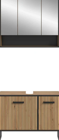 welltime Badezimmer-Set »LOCRI, 2-tlg. Badkombination, Breite 80 cm, Rillenoptik, Metallkufen« bestehend aus: Waschbeckeunterschrank & Spiegelschrank, 2 Stk. tlg.