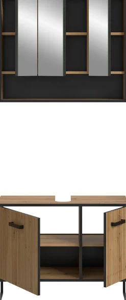 welltime Badezimmer-Set »LOCRI, 2-tlg. Badkombination, Breite 80 cm, Rillenoptik, Metallkufen« bestehend aus: Waschbeckeunterschrank & Spiegelschrank, 2 Stk. tlg.