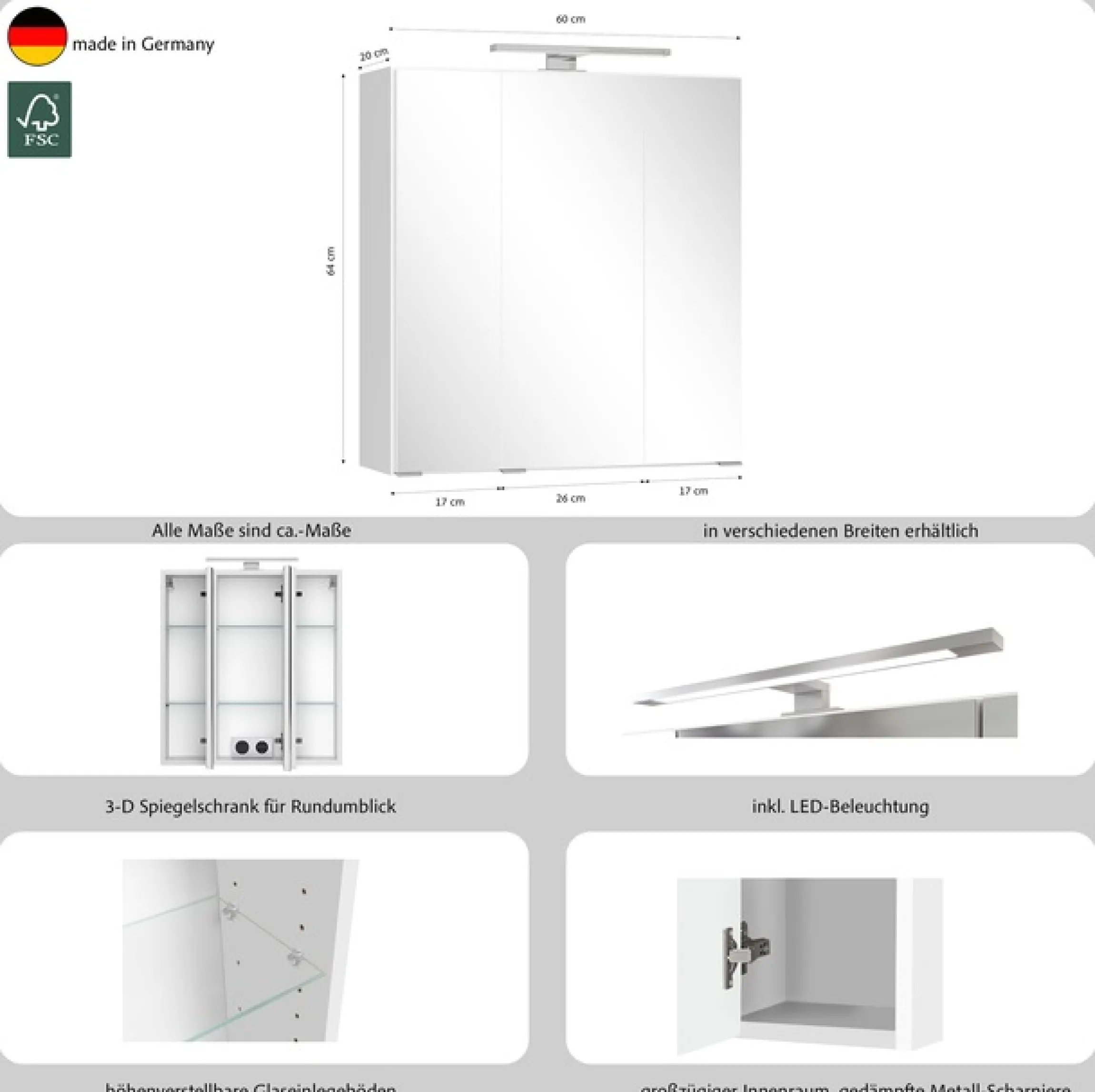 welltime Badezimmerspiegelschrank »CABO, gedämpfte Scharniere« Rundumsicht, dank besonderer Klapptechnik
