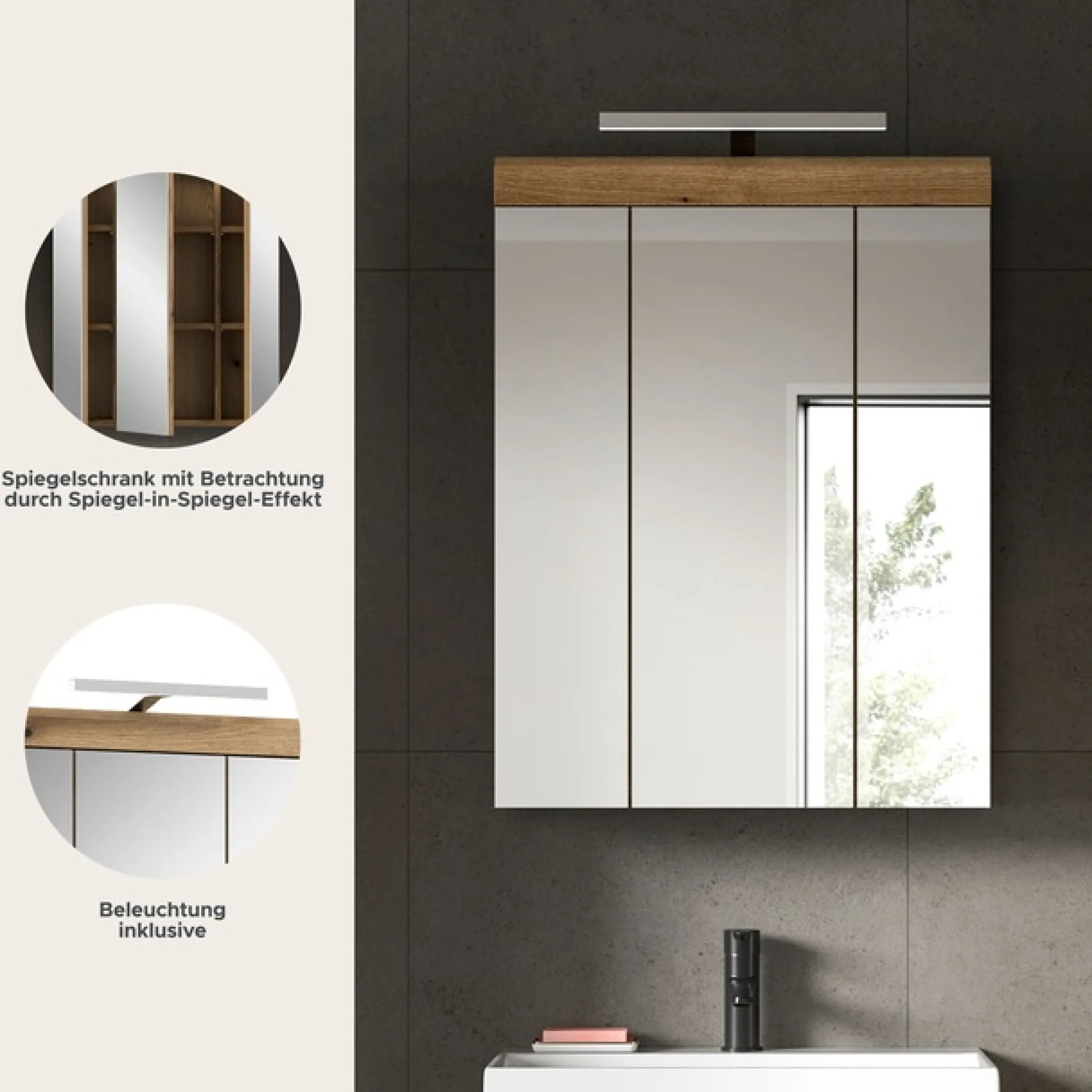 welltime Badezimmerspiegelschrank »SIENA, Breite 60cm, inkl. Beleuchtung, 3 Spiegeltüren, 9 Fächer« Set, TOPSELLER!,in verschiedenen Farben erhältlich, Badmöbel, Badschrank, Schrank, Bad