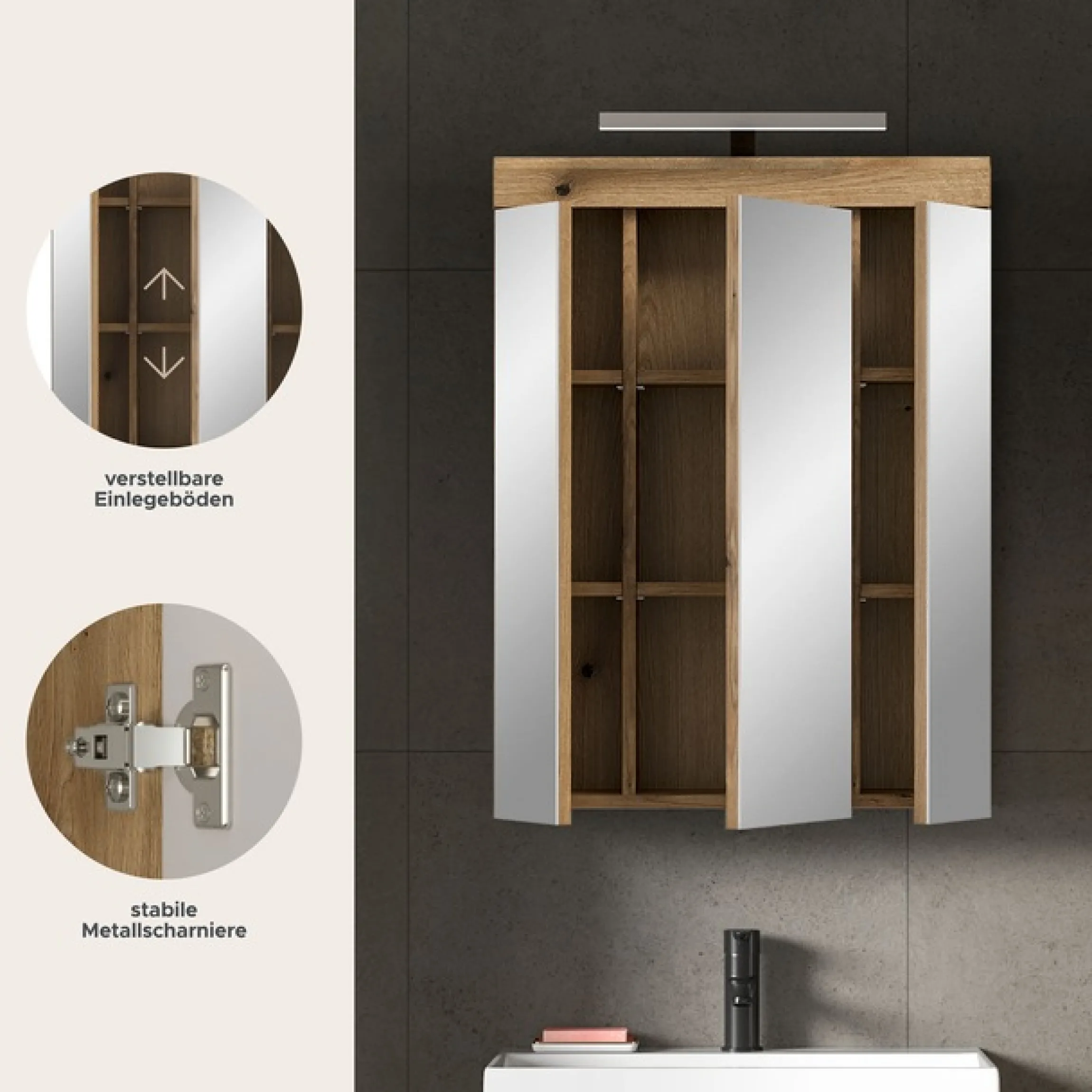 welltime Badezimmerspiegelschrank »SIENA, Breite 60cm, inkl. Beleuchtung, 3 Spiegeltüren, 9 Fächer« Set, TOPSELLER!,in verschiedenen Farben erhältlich, Badmöbel, Badschrank, Schrank, Bad
