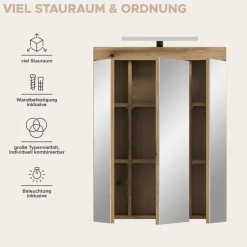 welltime Badezimmerspiegelschrank »SIENA, Breite 60cm, inkl. Beleuchtung, 3 Spiegeltüren, 9 Fächer« Set, TOPSELLER!,in verschiedenen Farben erhältlich, Badmöbel, Badschrank, Schrank, Bad